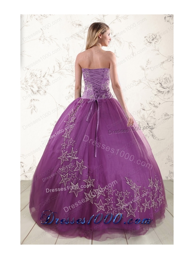 New Style Purple Sweetheart Appliques 2015 Quinceanera Dresses with Embroidery