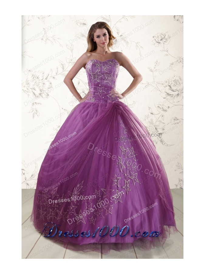 New Style Purple Sweetheart Appliques 2015 Quinceanera Dresses with Embroidery