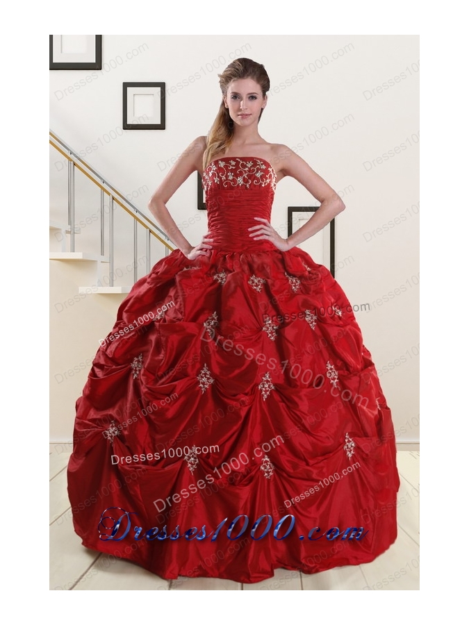New Style Strapless Appliques Wine Red Quinceanera Dresses for 2015