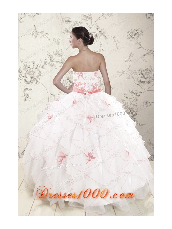 New Style White Quinceanera Dresses with Pink Appliques and Ruffles
