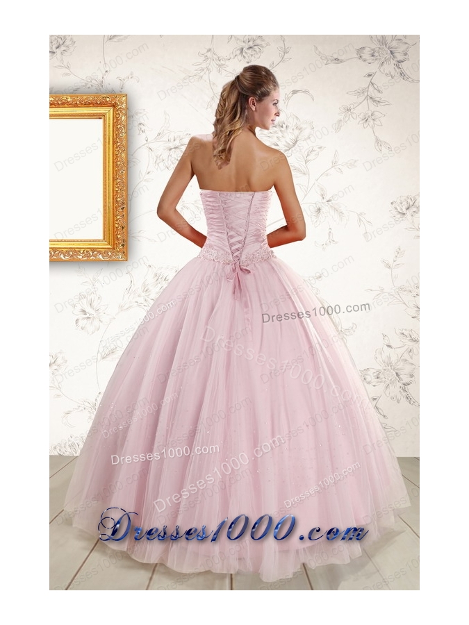 Most Popular Light Pink Strapless Elegant Quinceanera Gowns with Appliques