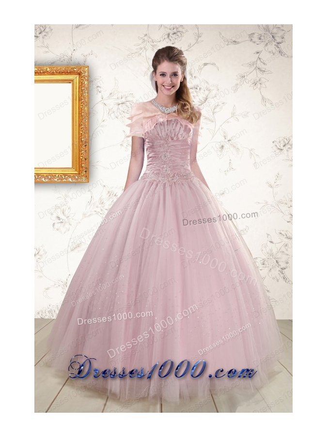 Most Popular Light Pink Strapless Elegant Quinceanera Gowns with Appliques