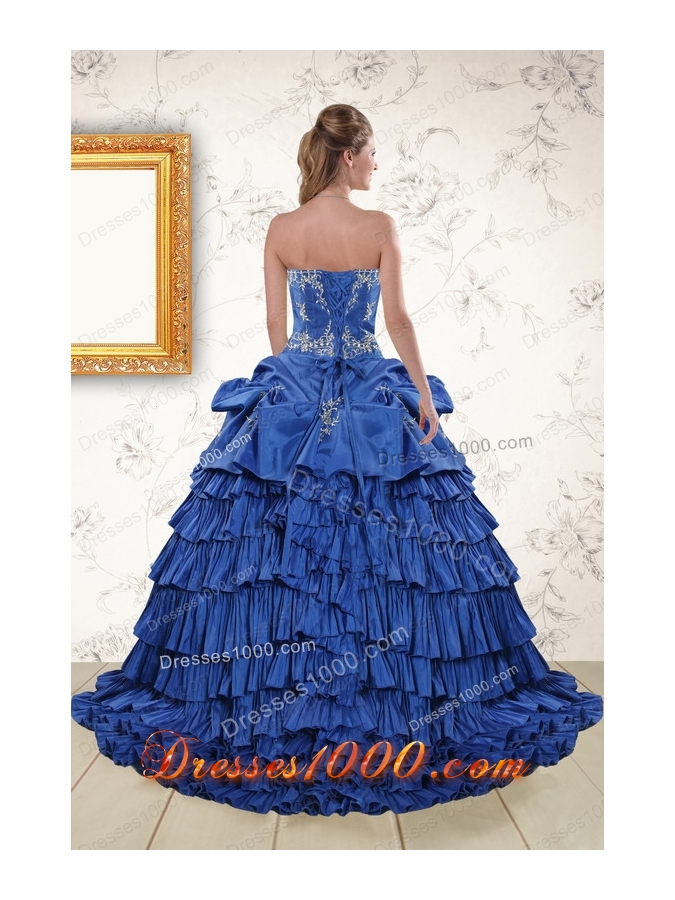 most popular Royal Blue Appliques and Pick Ups Quinceanera Gowns with Brush Train