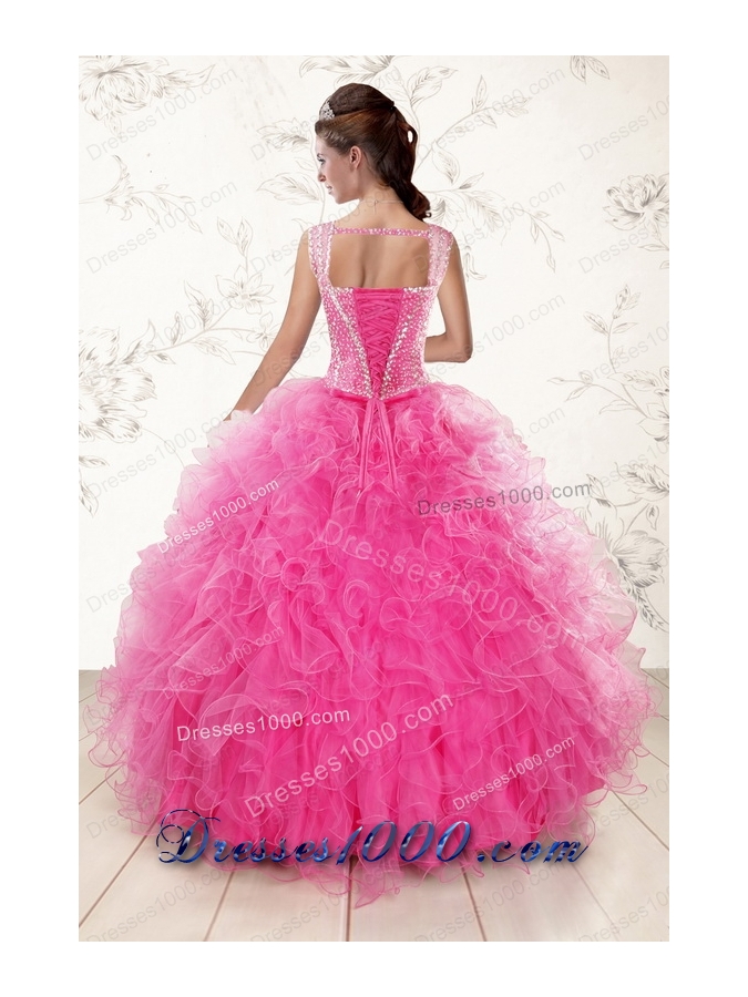 most popular Straps Hot Pink Quinceanera Gowns with Beading