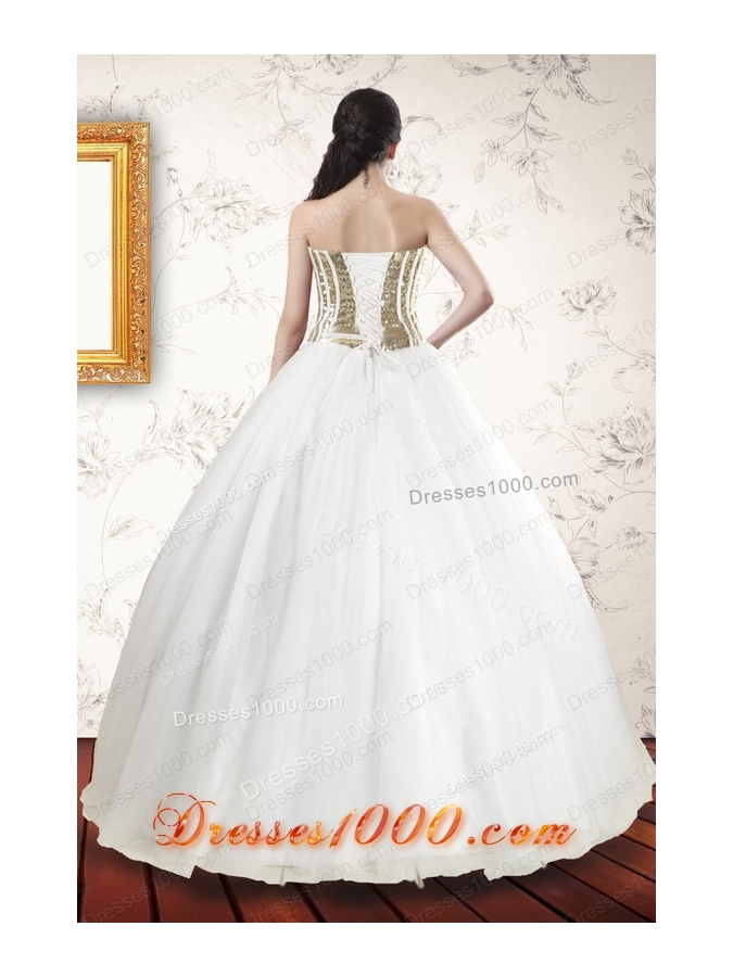 Most Popular Tulle Strapless Sequins White Quinceanera Gowns