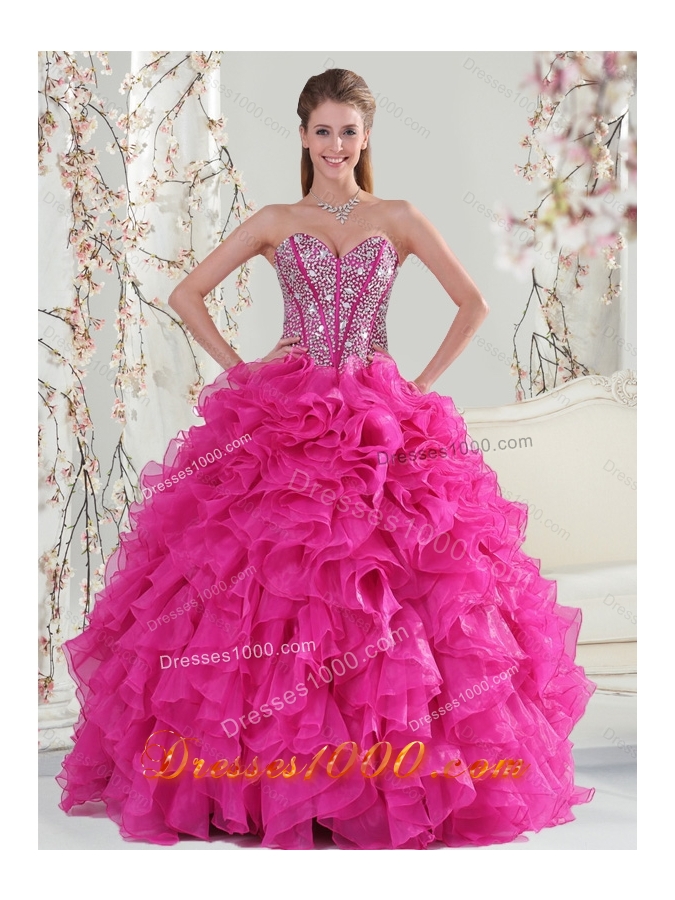 2015 Beautiful and Detachable Hot Pink Sweet 15 Dresses with Beading and Ruffles