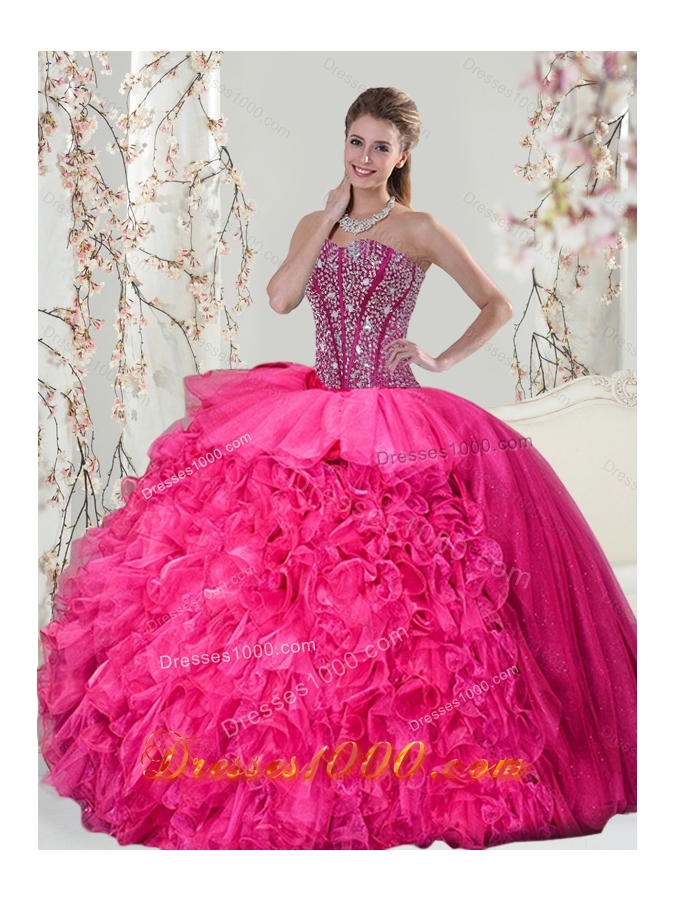 2015 Beautiful and Detachable Hot Pink Sweet 15 Dresses with Beading and Ruffles