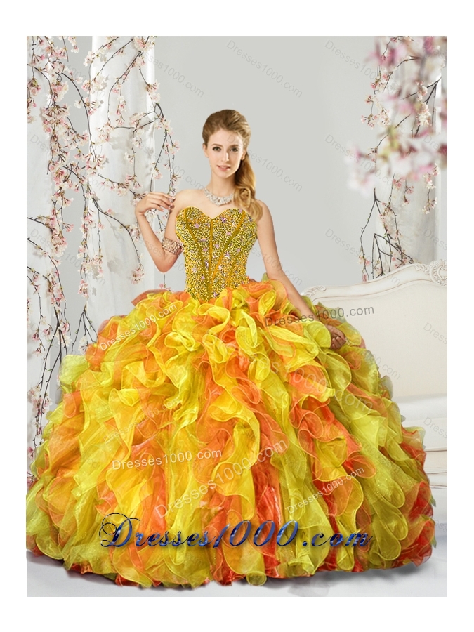 2015 Designer and Detachable Yellow and Orange Sweet 16 Dresses with Beading and Ruffles