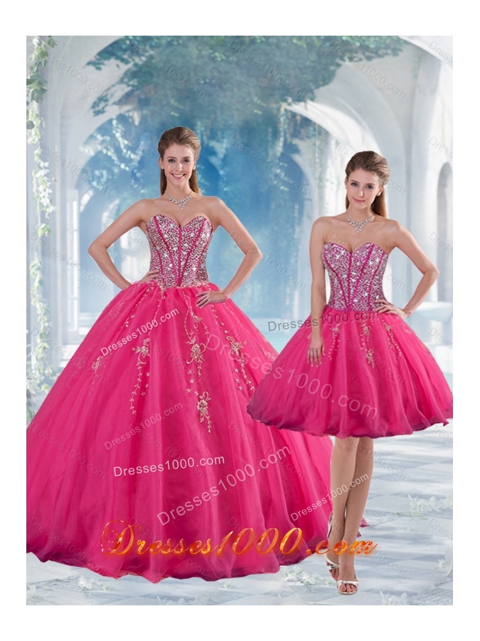 2015 Designer Sweetheart Hot Pink Sequins and Appliques Prom Dresses