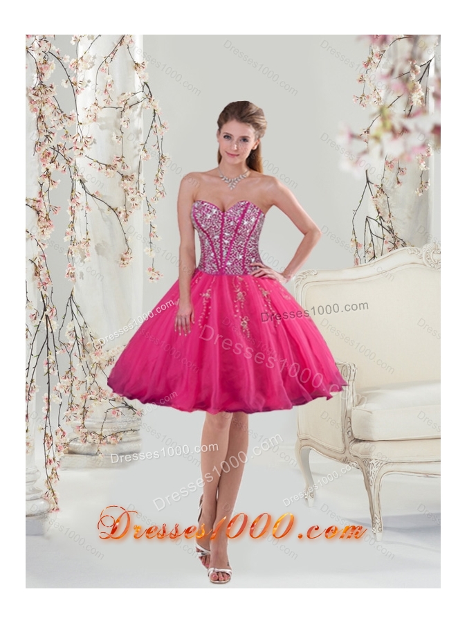 2015 Designer Sweetheart Hot Pink Sequins and Appliques Prom Dresses