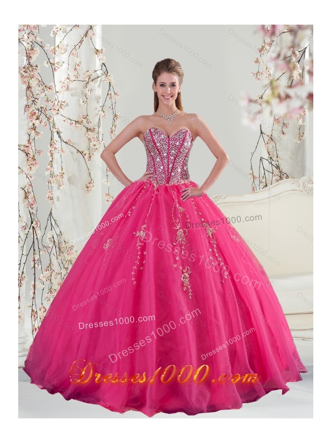 2015 Designer Sweetheart Hot Pink Sequins and Appliques Prom Dresses