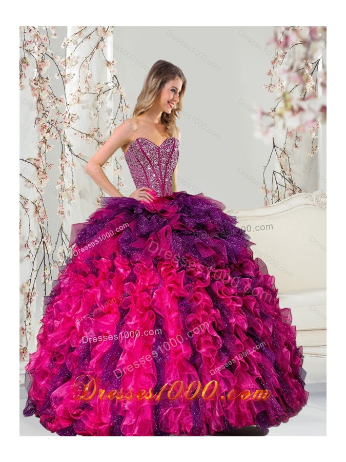 2015 Detachable Multi Color Quince Dresses with Beading and Ruffles