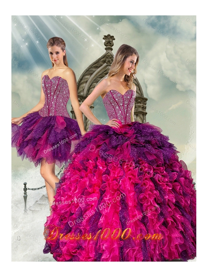 2015 Detachable Multi Color Quince Dresses with Beading and Ruffles