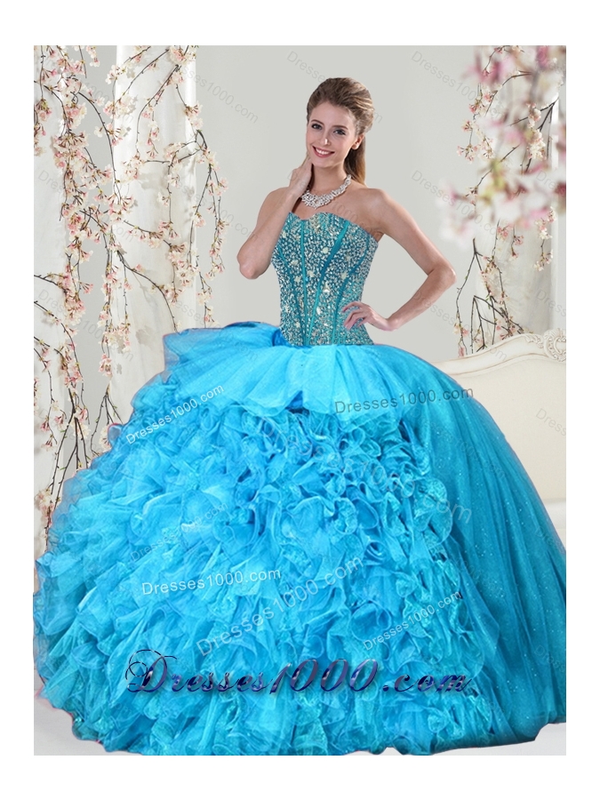 Detachable and Designer Aqua Blue Sweet 15 Dresses with Beading and Ruffles for 2015
