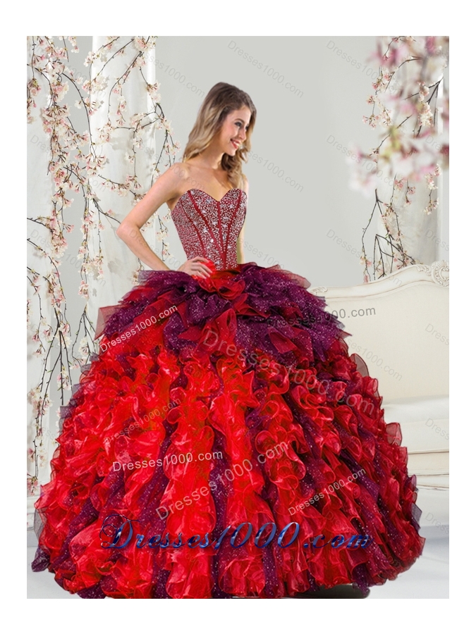 Detachable and Designer Beading and Ruffles Multi Color Quince Dresses for 2015