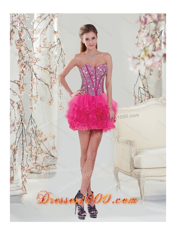 Unique and Detachable Beading and Ruffles Dresses For Quince in Hot Pink