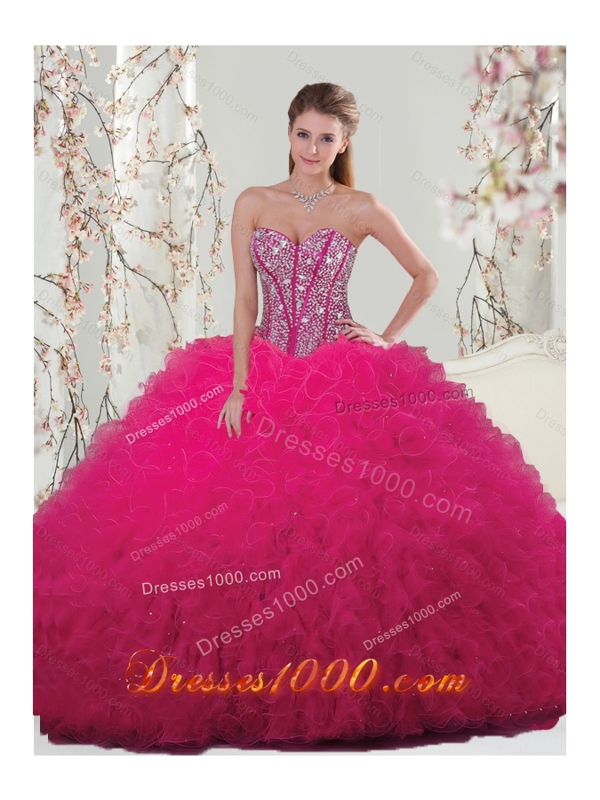 Unique and Detachable Beading and Ruffles Dresses For Quince in Hot Pink