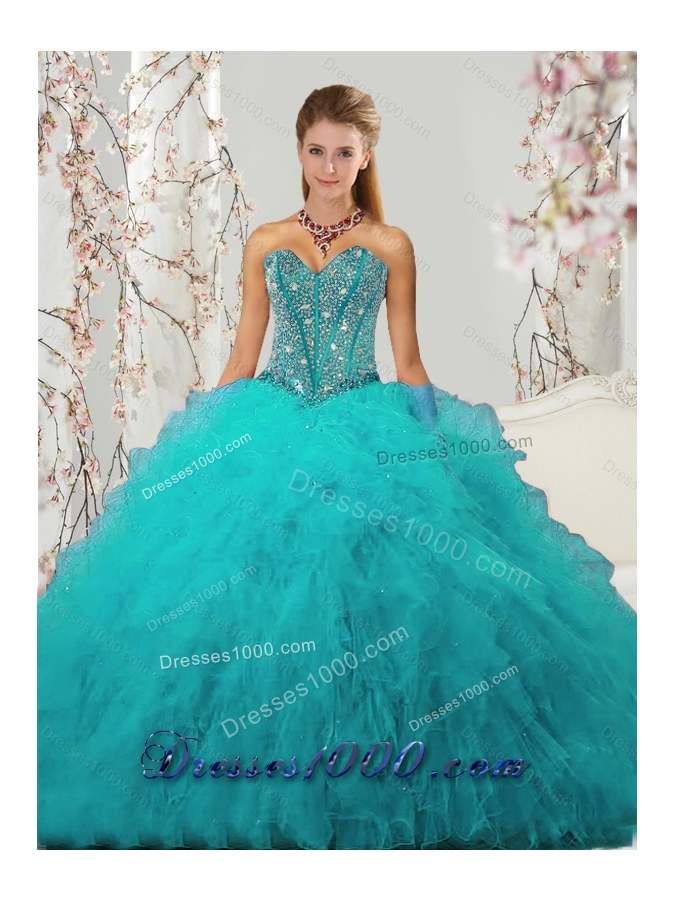 2015 Detachable and Elegant Beading and Ruffles Sweet 15 Dresses in Turquoise