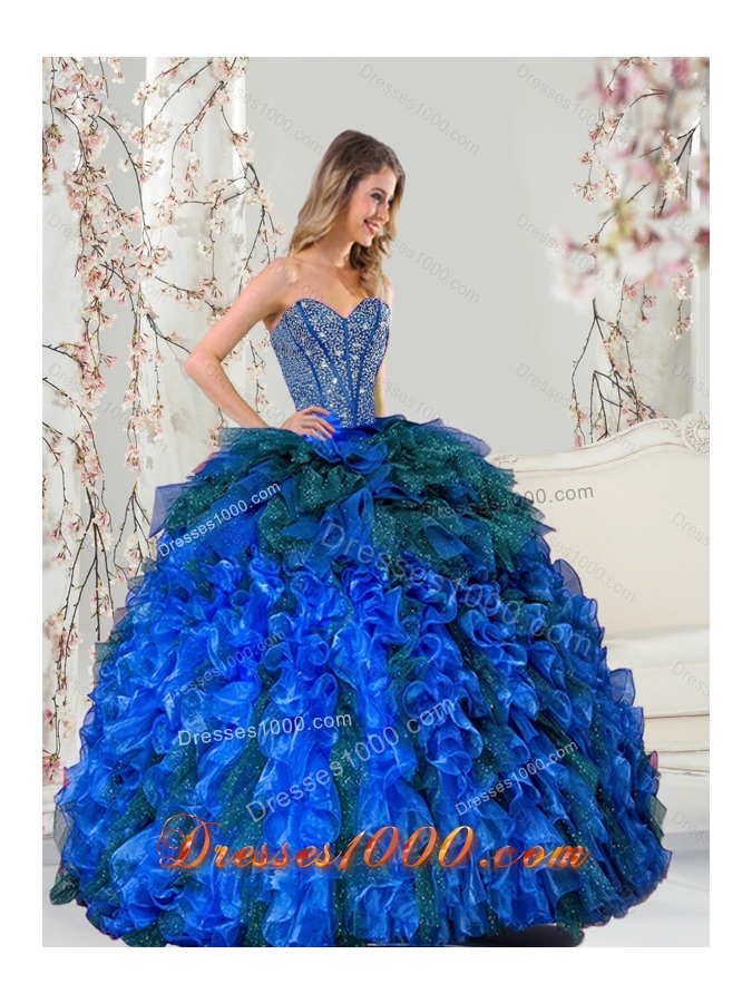 2015 Detachable and New Style Beading and Ruffles Quince Dresses in Royal Blue and Teal