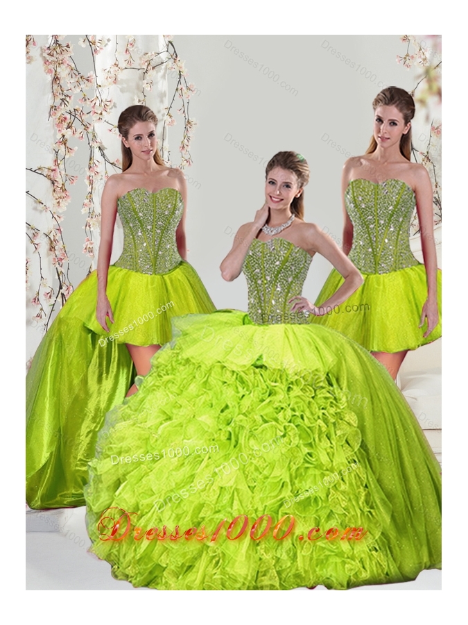 2015 Detachable and New Style Beading and Ruffles Yellow Green Dresses for Quince