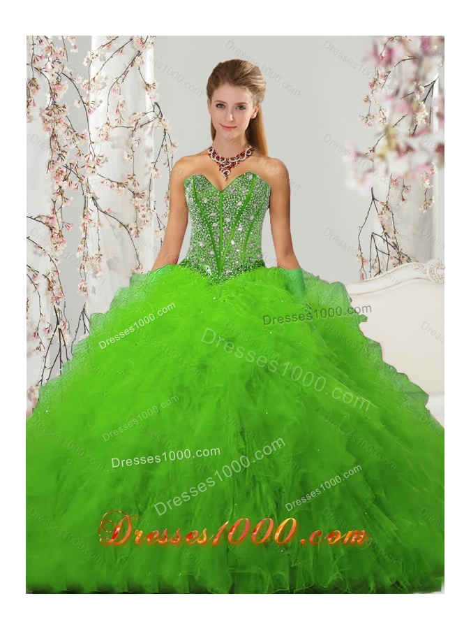 2015 Fashionable Beading and Ruffles Spring Green Sweet 15 Dresses