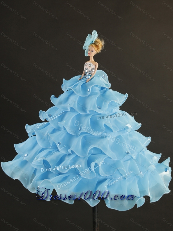 2015 Most Popular Beading and Ruffles Aqua Blue Quince Dresses