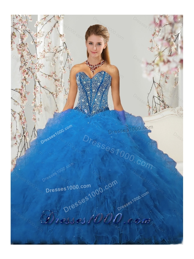 2015 Most Popular Beading and Ruffles Aqua Blue Quince Dresses