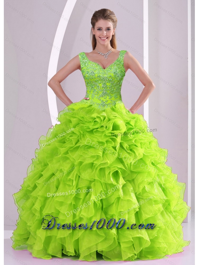 Detachable and Elegant Beading and Ruffles Quince Dresses in Green