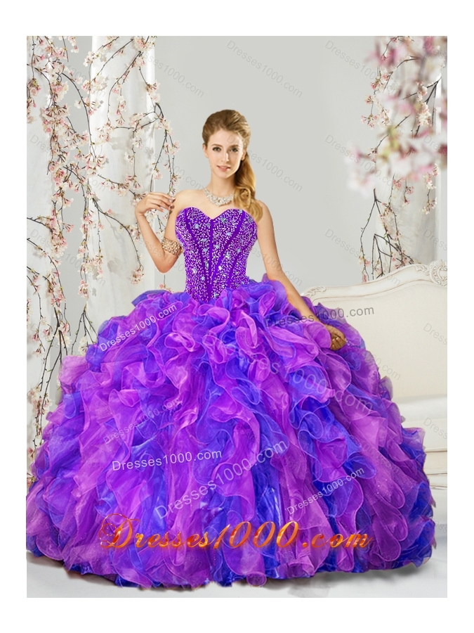 Detachable and Fashionable Blue and Lavender Dresses for Quince with Beading and Ruffles