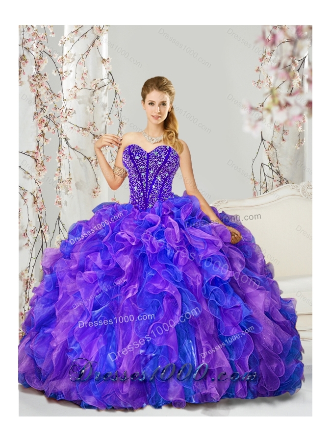 Detachable and Most Popular Beading and Ruffles Quince Dresses in Purple and Blue for 2015