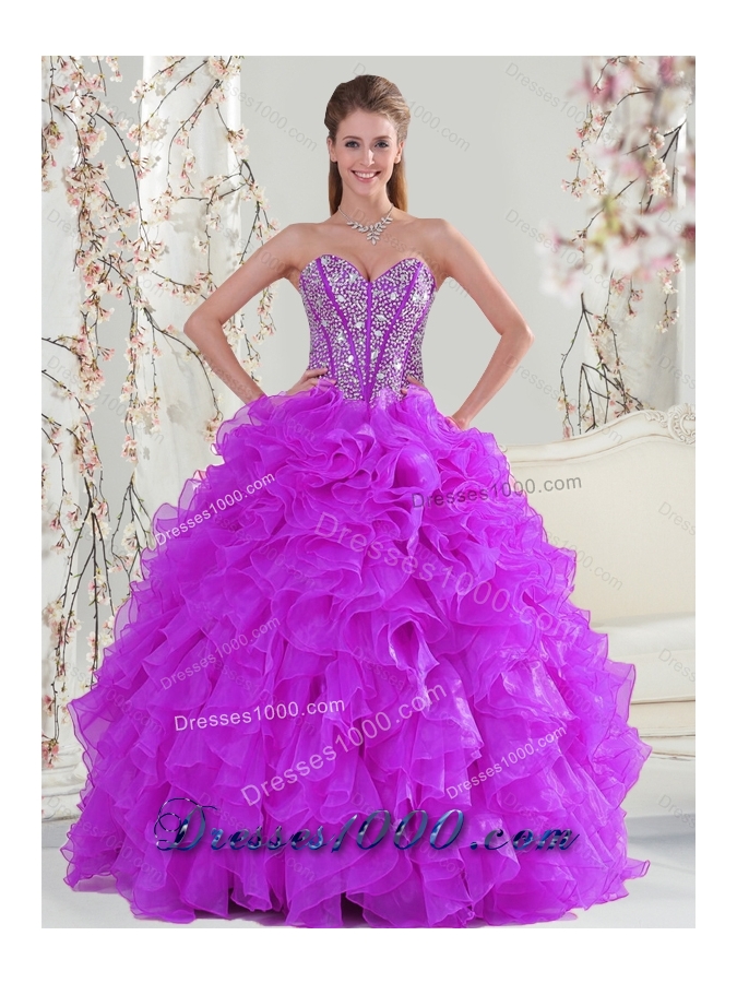 2015 Beading and Ruffles Fuchsia Detachable and Vestidos de Quinceanera Dresses