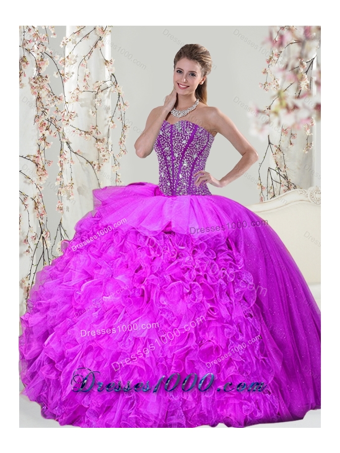 2015 Beading and Ruffles Fuchsia Detachable and Vestidos de Quinceanera Dresses