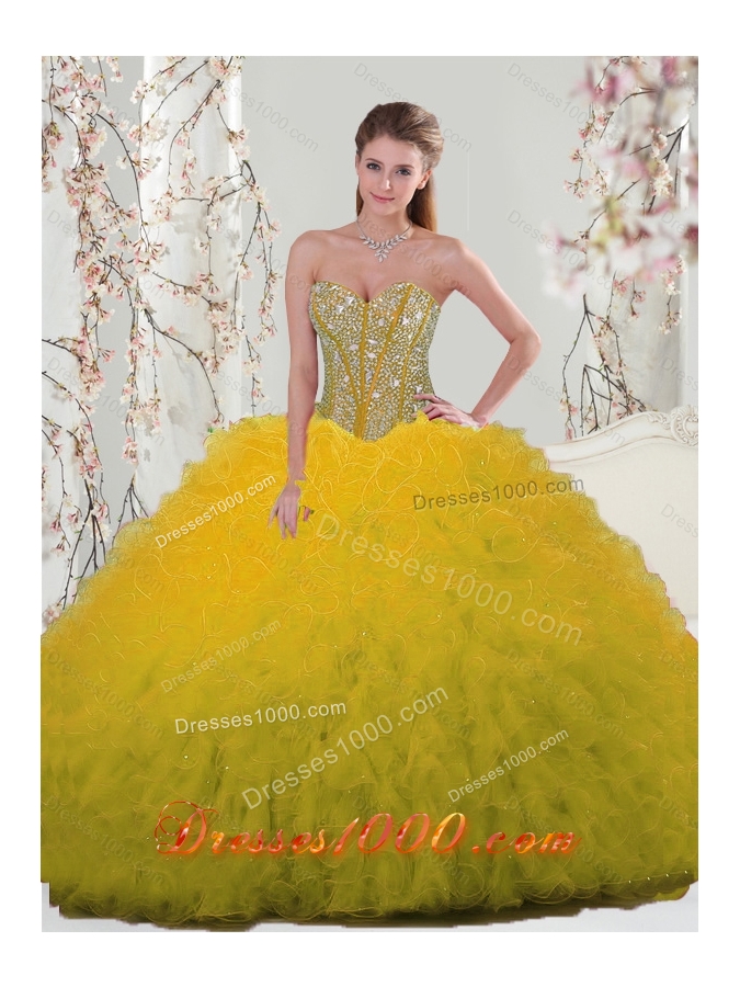2015 Spring Yellow Detachable and Vestidos de Quinceanera Dresses with Beading and Ruffles