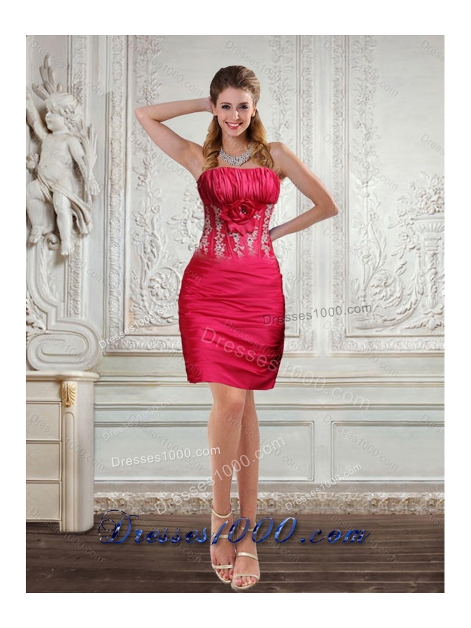 Beautiful High Low Strapless Ruffled Coral Red Prom Dresses with Hand Made Flower
