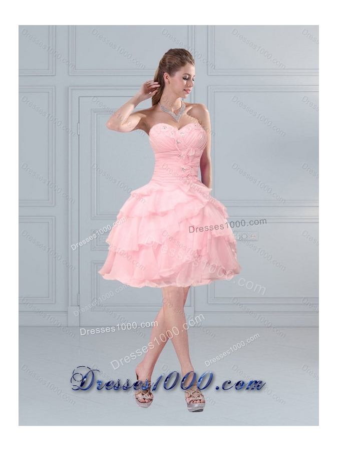 2015 Elegant Baby Pink Sweetheart Beaded Prom Dresses with Ruffled Layers