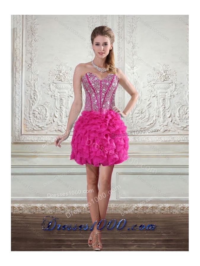 2015 Elegant Hot Pink High Low Sweetheart Prom Dresses with Beading and Ruffled Layers