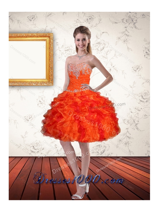 Elegant High Low Sweetheart Orange Prom Dresses with Ruffles and Beading