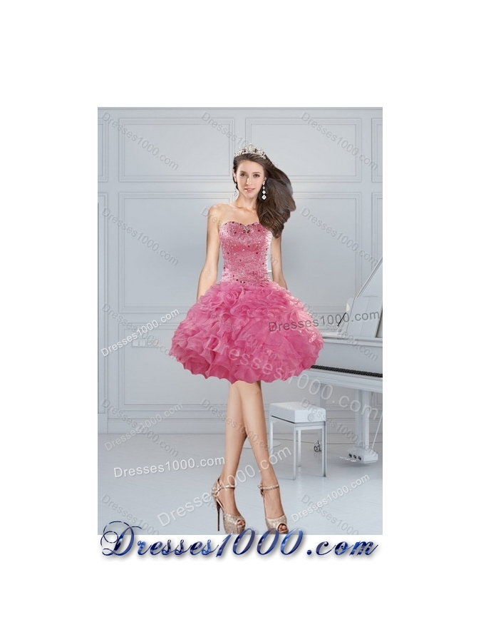 2015 Brand New Coral Red Sweet 16 Dresses with Beading and Ruffles
