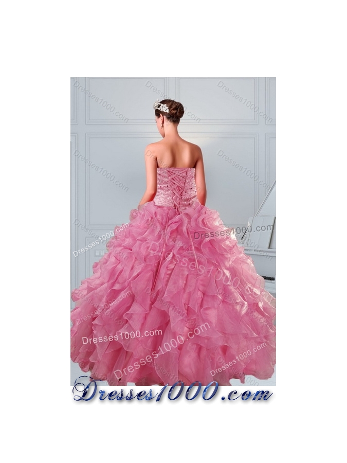 2015 Brand New Coral Red Sweet 16 Dresses with Beading and Ruffles