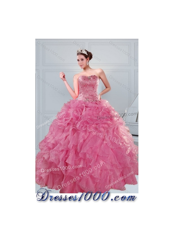 2015 Brand New Coral Red Sweet 16 Dresses with Beading and Ruffles