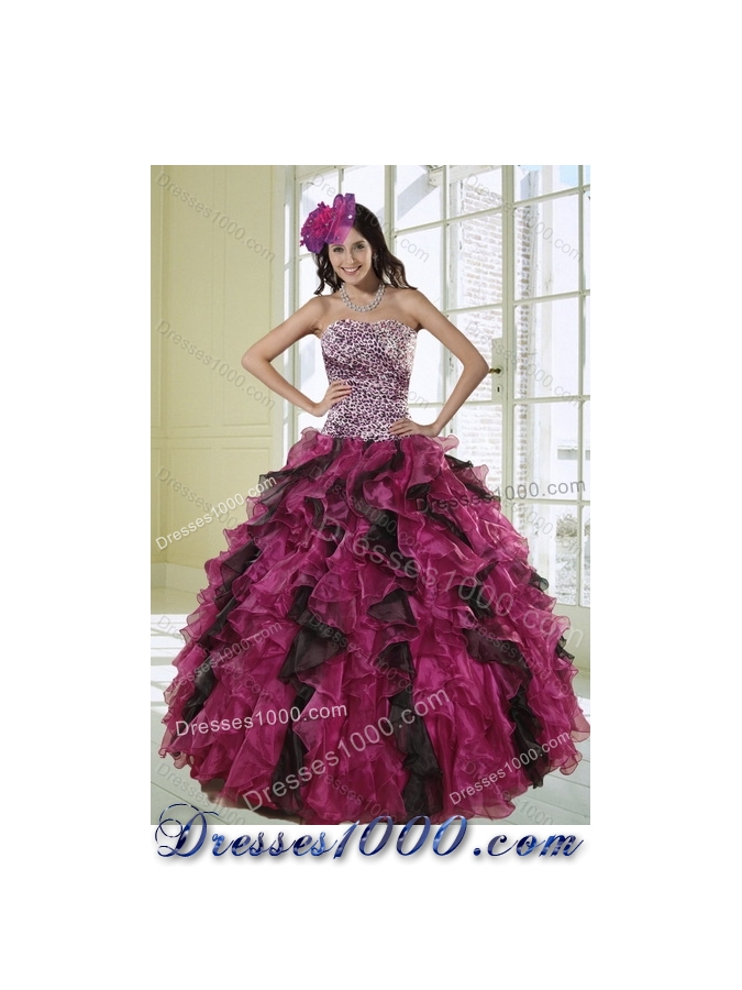 2015 Classical Strapless Multi Color Quinceanera Dress with Leopard Print