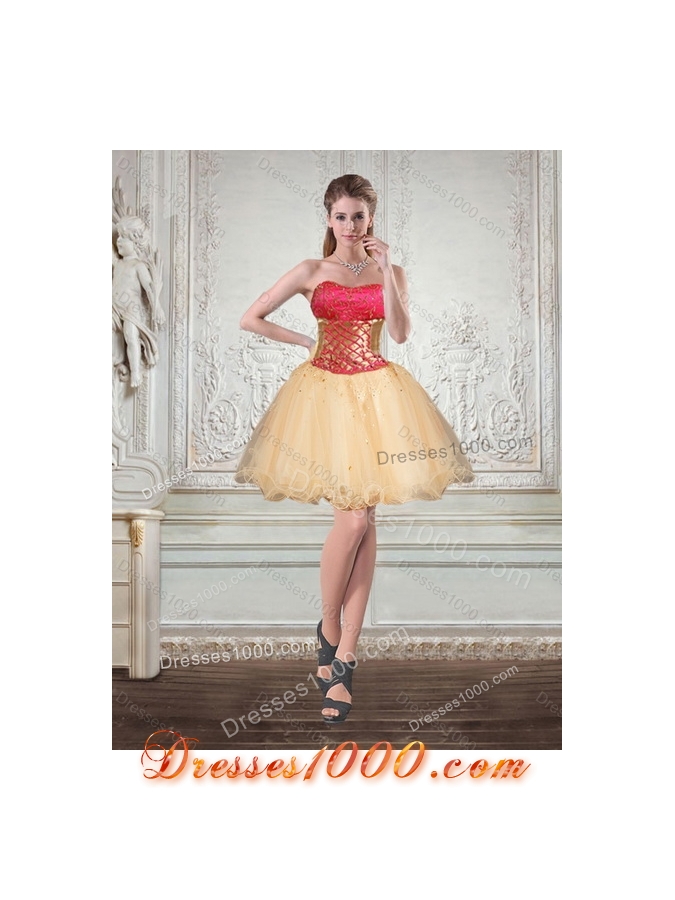 2015 Gold Strapless Quince Dress with Beading and Embroidery