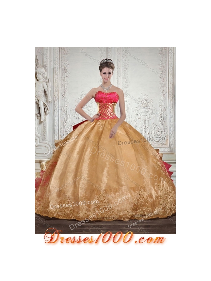 2015 Gold Strapless Quince Dress with Beading and Embroidery