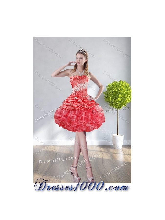 2015 GorgeousWatermelon Red Quinceanera Dresses with Appliques and Ruffles