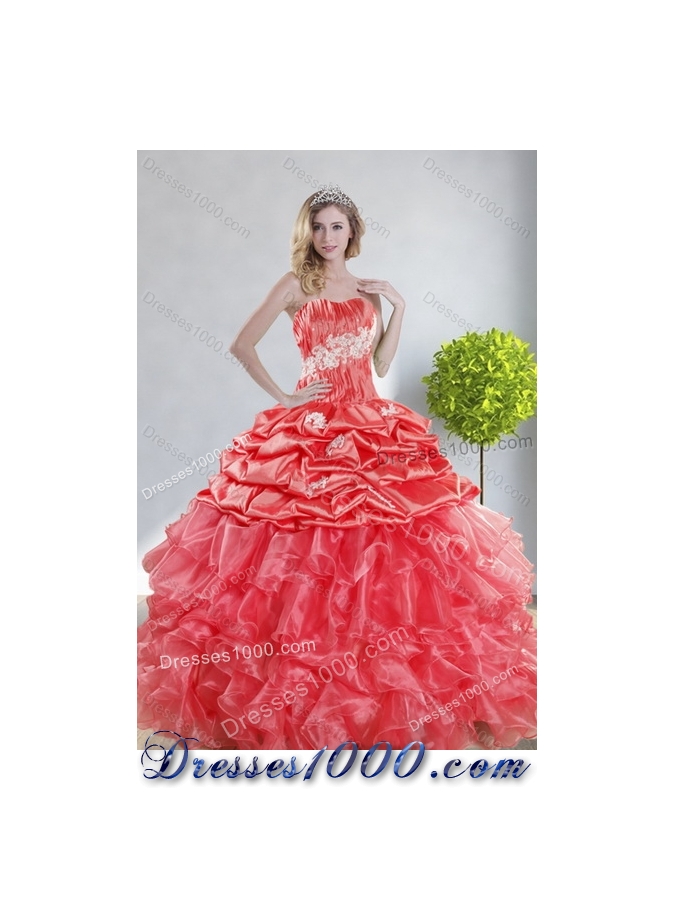 2015 GorgeousWatermelon Red Quinceanera Dresses with Appliques and Ruffles