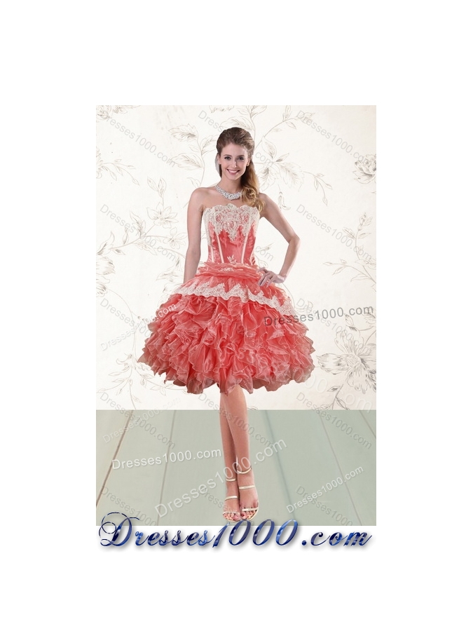 2015 New Style Strapless Appliques and Ruffles Quinceanera Dresses in Watermelon Red