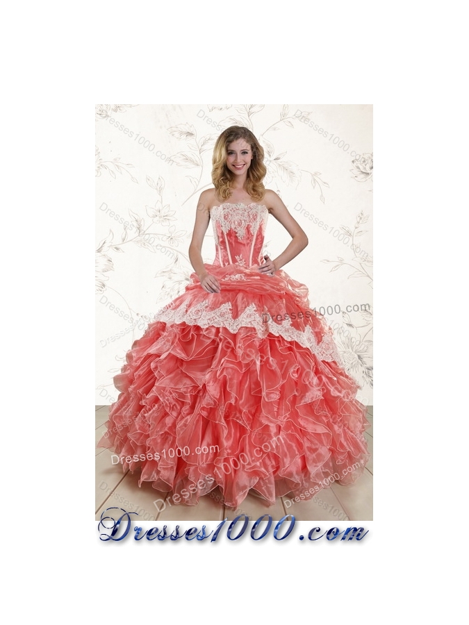 2015 New Style Strapless Appliques and Ruffles Quinceanera Dresses in Watermelon Red