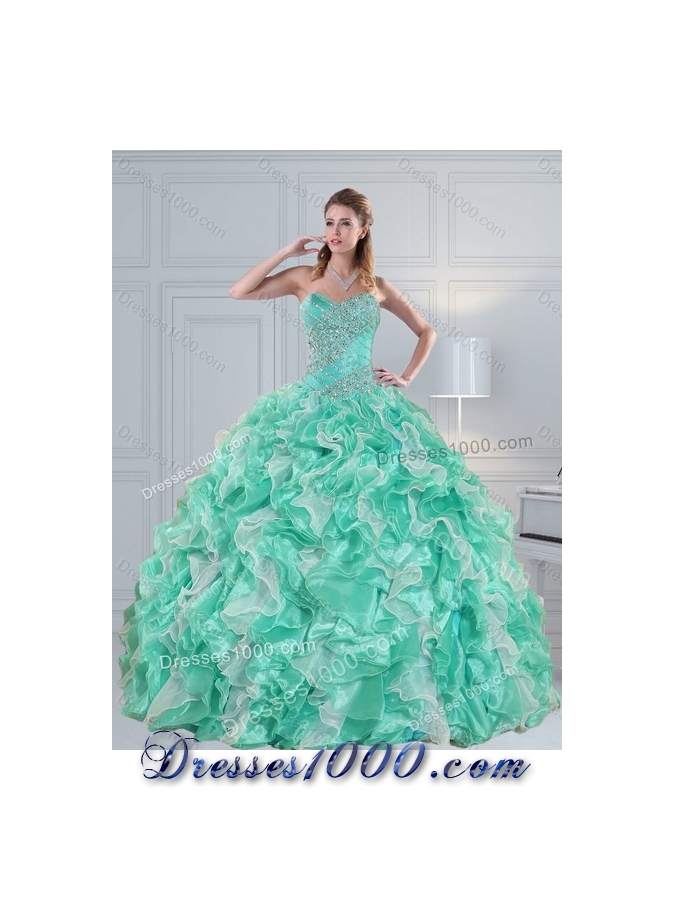 2015 Pretty Sweetheart Quinceanera Dresses in Apple Green with Ruffles and Beading