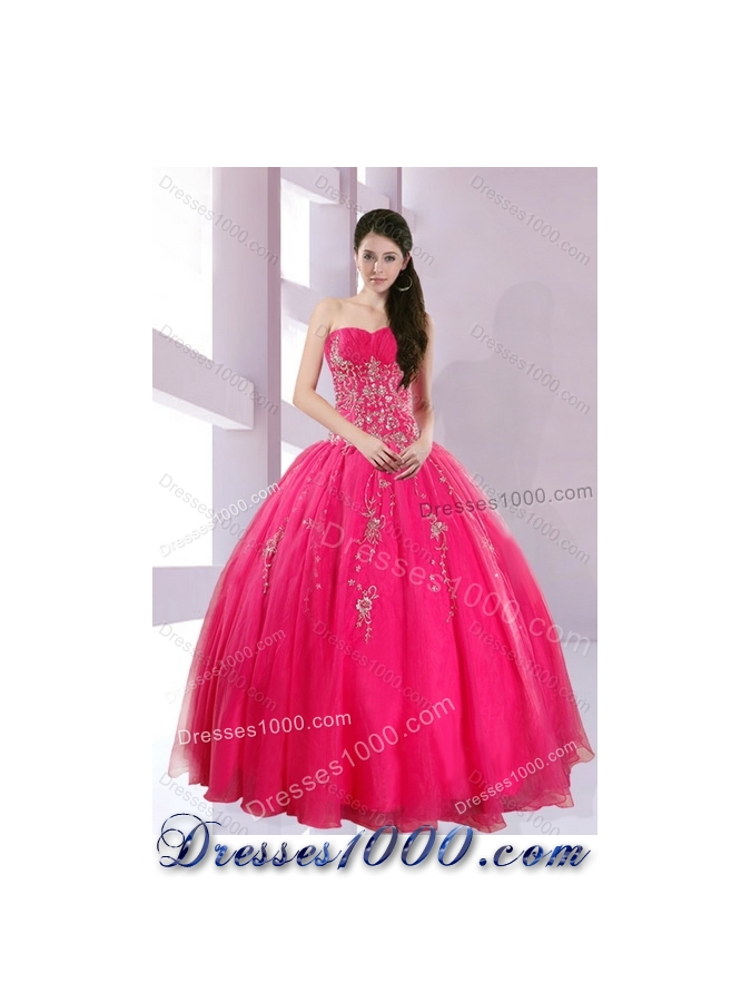 Beautiful Strapless Floor Length Quince Dresses with Appliques in Hot Pink