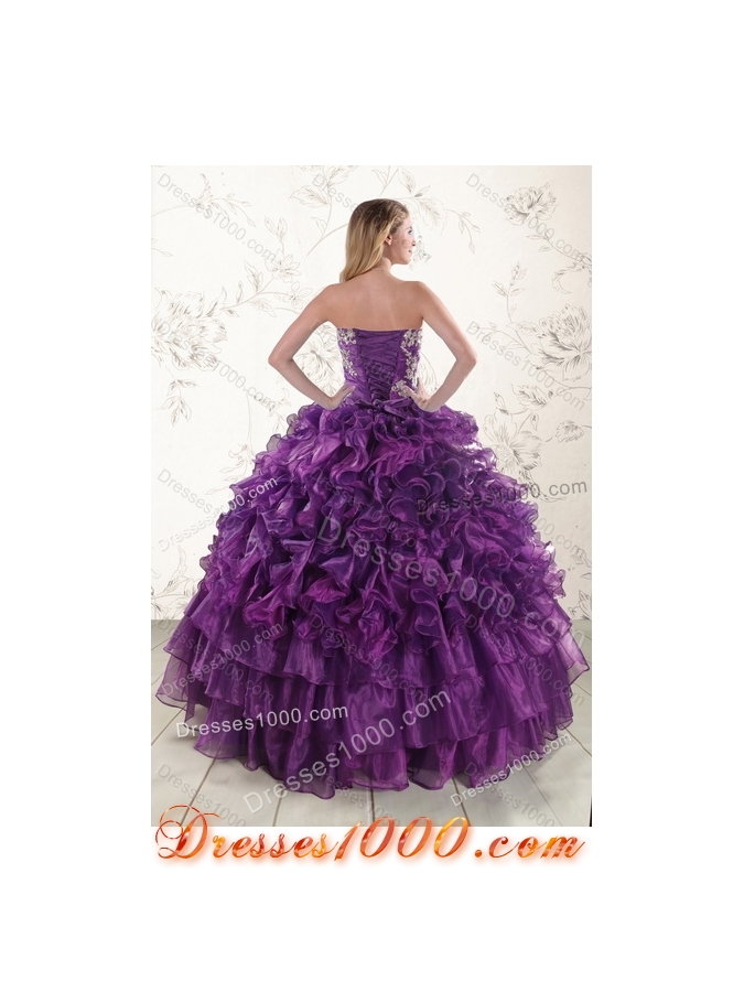 Designer Purple Strapless Appliques and Ruffles Quince Dresses for 2015